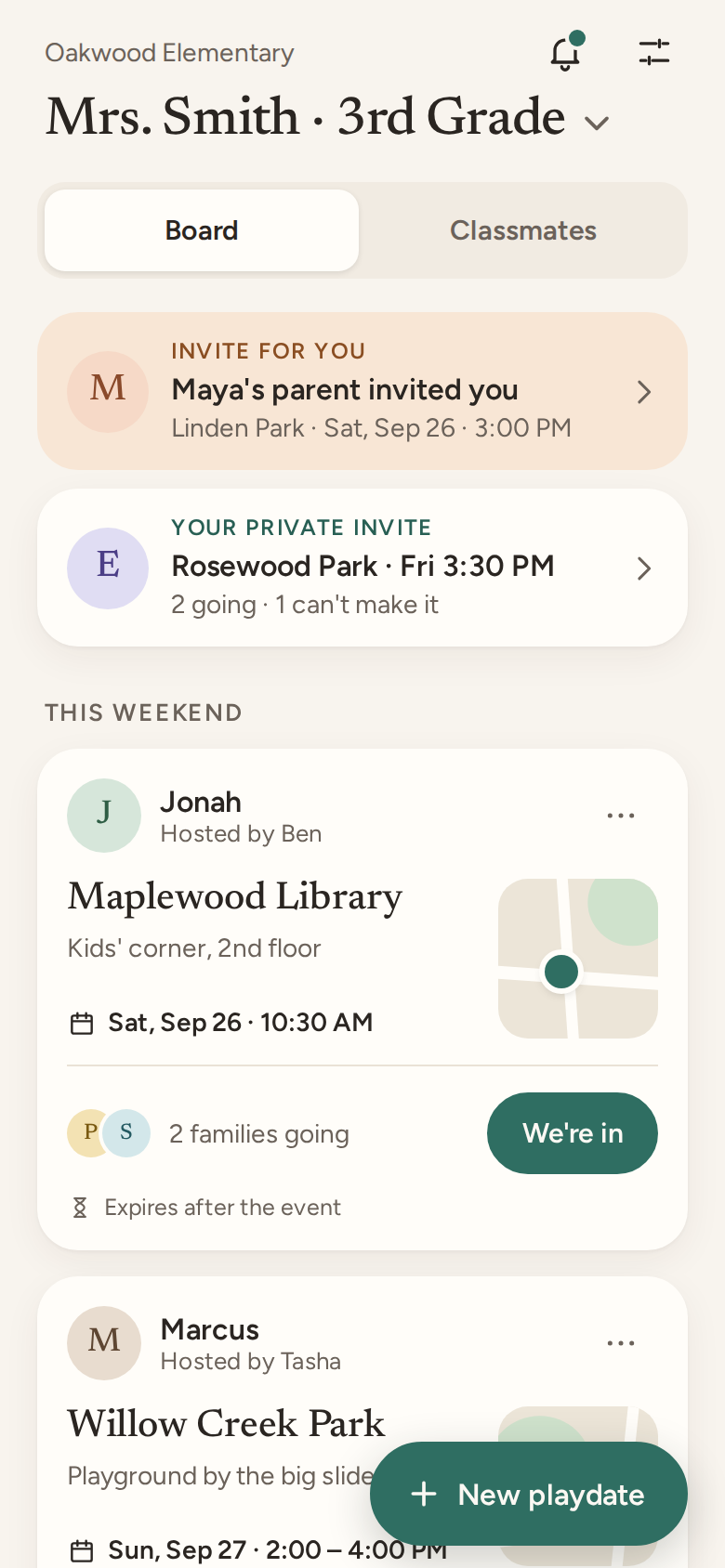 The class board: upcoming playdates at a library and a park