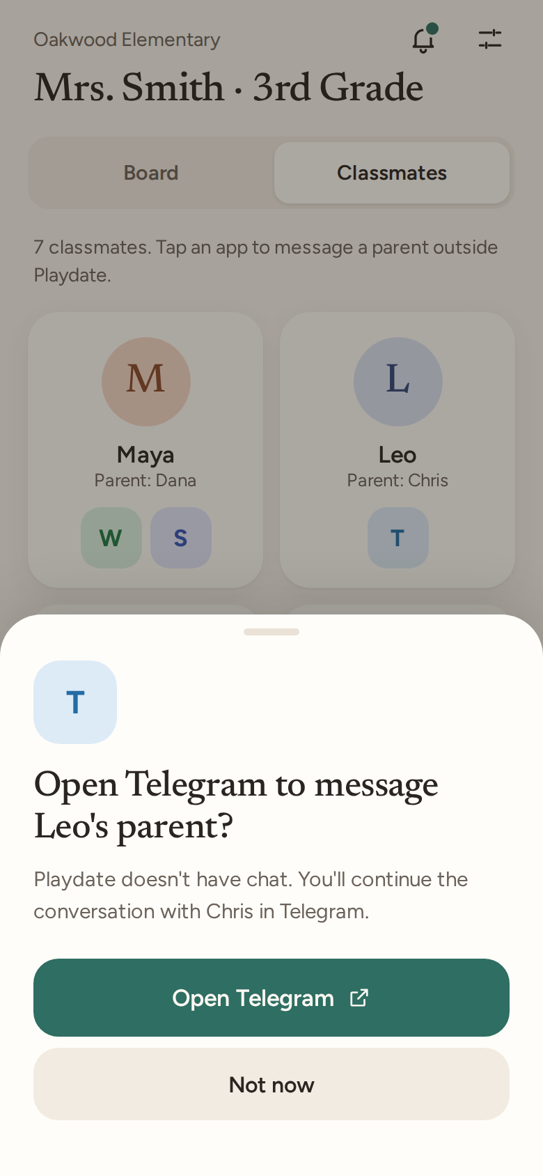 Opening Telegram to message a parent. Playdate has no chat.